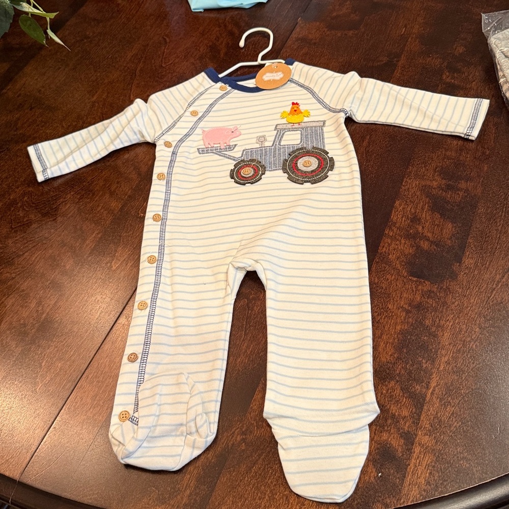 Mud Pie Blue and White Striped Tractor Sleeper Size 3-6